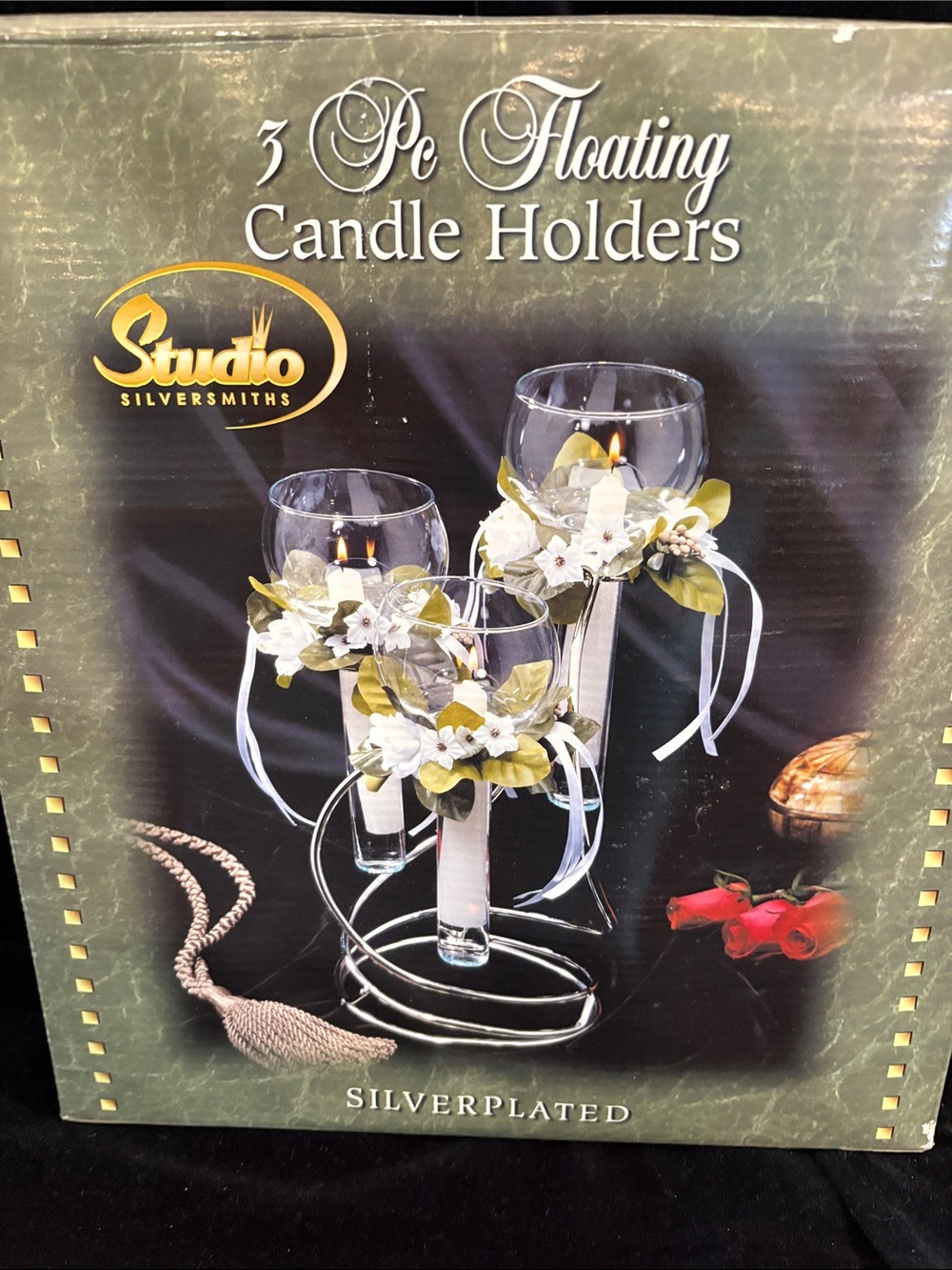 Silverplated 3-Piece Floating Candle Holders - White & Green Brand new